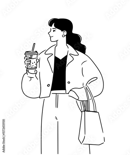 Stylish young woman holding a bubble tea and a canvas tote bag. Modern line art illustration of a person on a casual day out.