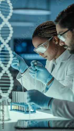 Scientific Endeavors: Two dedicated scientists conduct vital research in a cutting-edge laboratory, peering intently at the intricate details of genetic structures within test tubes.