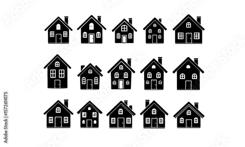 Fifteen black and white house illustrations arranged in three rows art