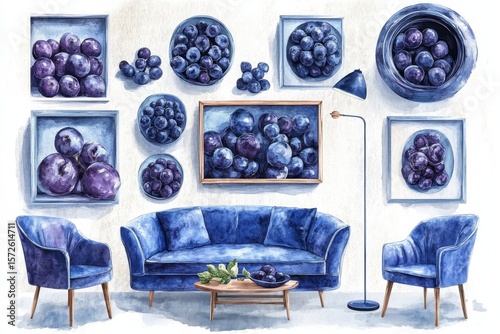 Blue sofa paired with barrel chairs, complemented by a floor lamp, against a white wall with art wall decor. Mid-century modern design for a modern living room, Generative AI