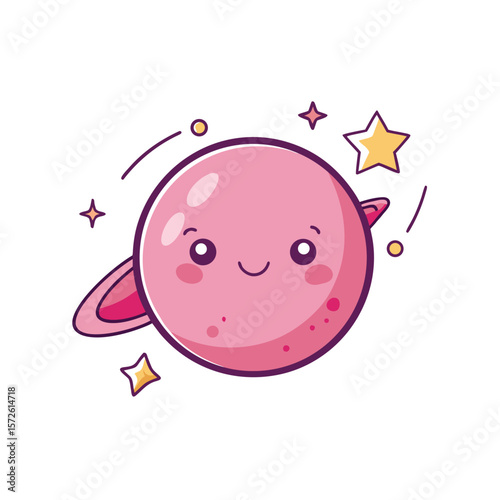 Blushing Kawaii Planet with Shooting Stars Around