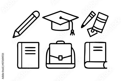 Vector education icons set with books, pencils, graduation cap, and school bag