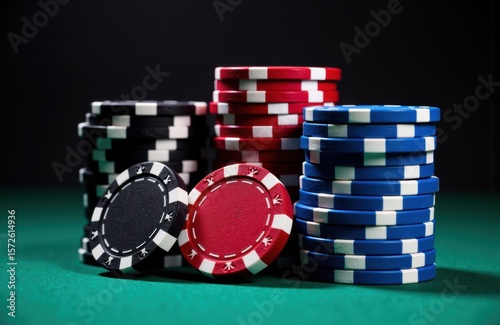 Colorful poker chips stacked on a green felt table with a dark background