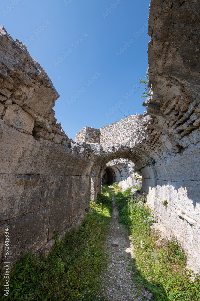 Fototapeta premium Miletus ancient city. Miletus was an ancient Greek city located in Ancient Caria. Its ruins are located near Balat in Aydın Province. View of the Old Amphitheatre in the Ancient City of Miletus.