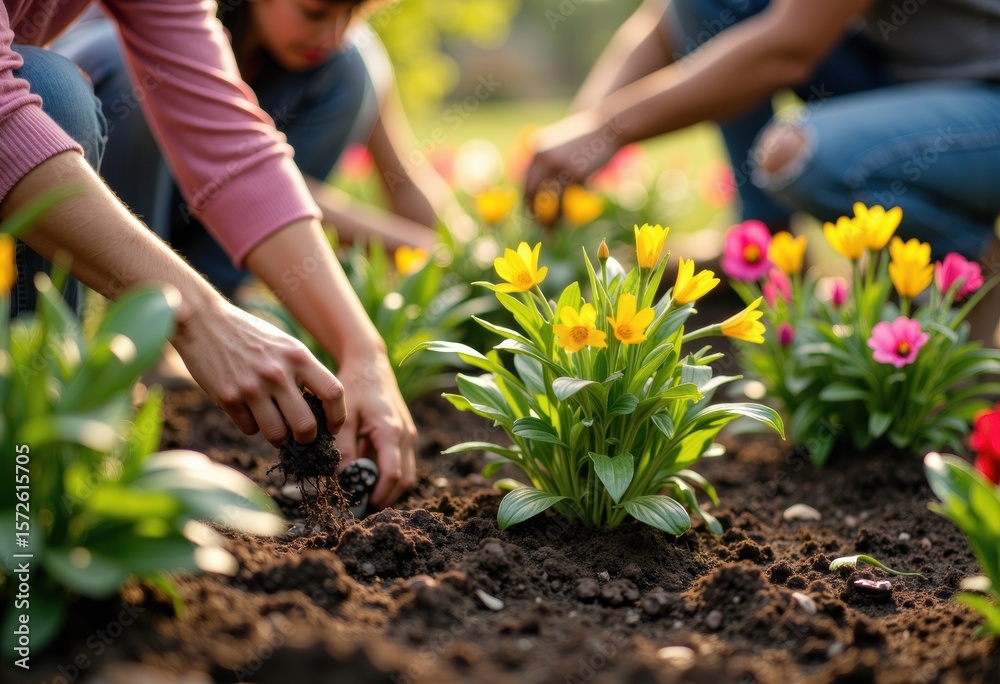 Fototapeta premium Children planting colorful flowers in a garden during daytime for community or educational activity