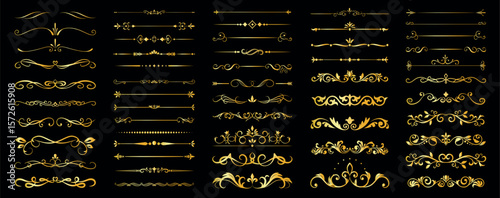 Set of luxurious golden vintage dividers with ornamental flourishes and scrolls, perfect for wedding invitations, branding, certificates, and decoration.