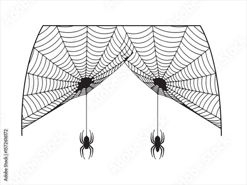 Two black spiders hanging from a stylized black spiderweb against a white background