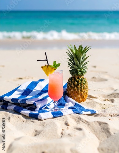 Beach towel and tropical drink on sand