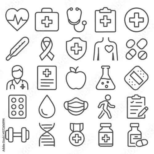 Health Line Icons Pack – Medical, Wellness, Fitness, and Healthcare Symbols in Minimalist Black & White Style for Apps, Websites, and Infographics