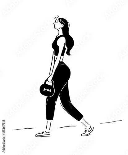 A fit woman carrying a heavy kettlebell as part of her strength training routine. Simple vector character for gym and cross-training themes.