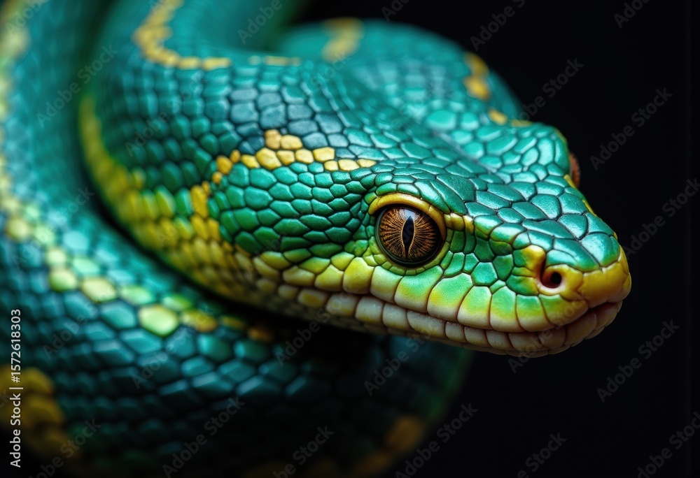 Fototapeta premium Close-up of a vibrant turquoise and yellow snake with detailed scales and striking eye