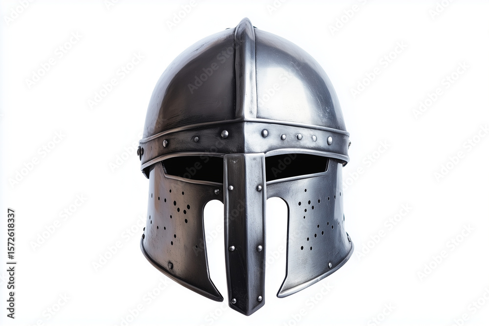 Fototapeta premium Medieval knight helmet isolated white background..
