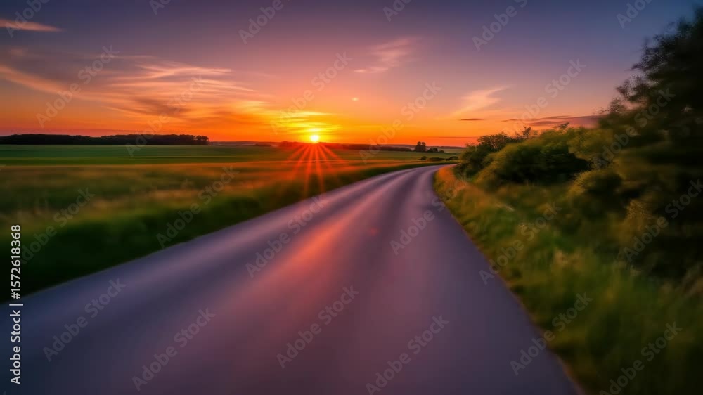 Scenic sunset with empty road leading to horizon, orange sunrise landscape. Travel, idyllic countryside. Road through field at dawn, vibrant colors.