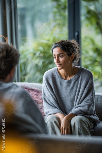 Sad woman talking with psychologist during therapy session, sitting on sofa and sharing her problems