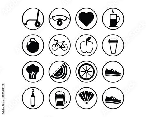 Vector illustration featuring a cat icon potentially part of a larger lifestyle icon set created in Adobe Illustrator with CMYK colors and fonts like Helvetica