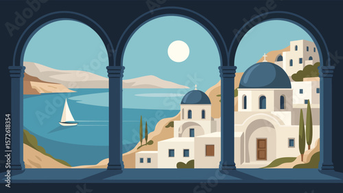 Vector illustration of santorini greece travel destination with sea view and white buildings