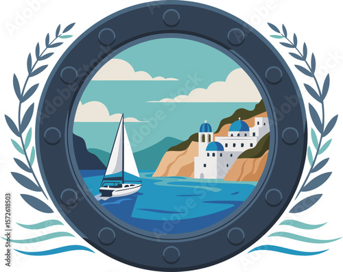 Santorini greece travel destination illustration with sailboat and whitewashed buildings view