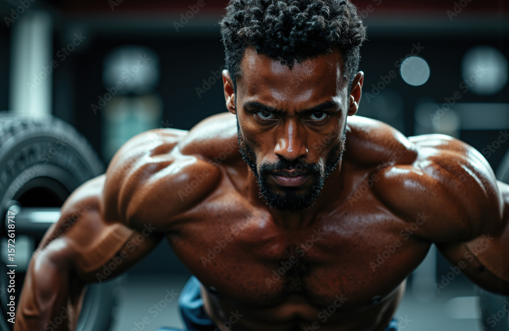 Fototapeta premium Intense muscular man with focused expression during workout in a gym setting