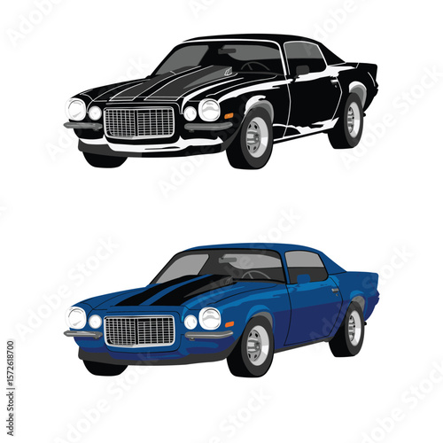 American Classic Muscle Cars Blue-Black and White-Black with a White Background.eps