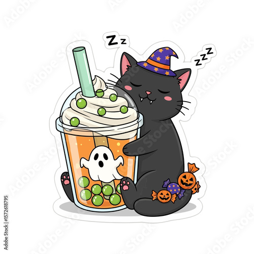 A sleeping black cat wearing a witch hat cuddles a Halloween-themed bubble tea.
