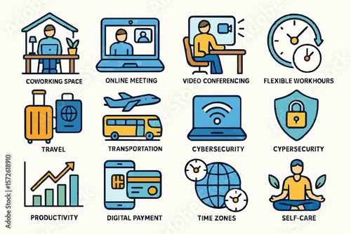 Digital Nomad and Remote Work Lifestyle – Vector Icon Set on Co-Working, Travel, and Virtual Productivity