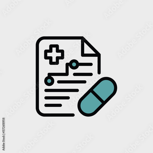 Minimalist Icon depicting a Medical Prescription Document with a Capsule Pill featuring a white document outlined in black with a green and blue capsule a plus symbol and small