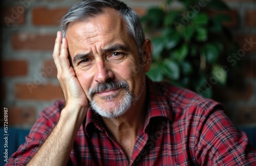 A mature man with gray hair and beard appears concerned or confused in a casual setting