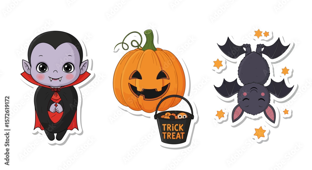 Obraz premium Adorable Halloween cartoon characters: a cute vampire, grinning pumpkin, and upside-down bat with candy bucket.