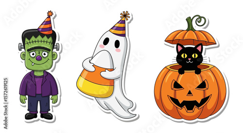 Cartoon Halloween characters, Frankenstein, ghost, and cat in pumpkin, festive design.