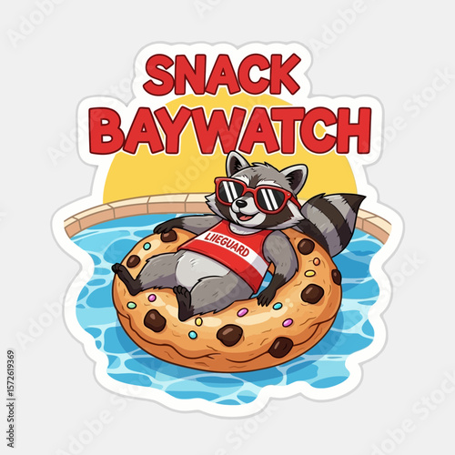 A relaxed raccoon lifeguard, wearing sunglasses, floats on a giant cookie pool ring, enjoying a poolside snack break.