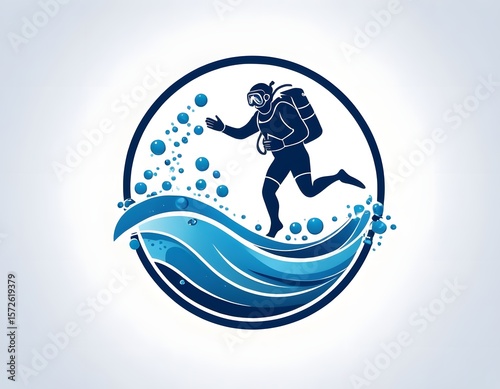 Scuba Diver Silhouette with Air Bubbles in Blue Ocean Circle Logo. perfect for diving schools, underwater adventure companies