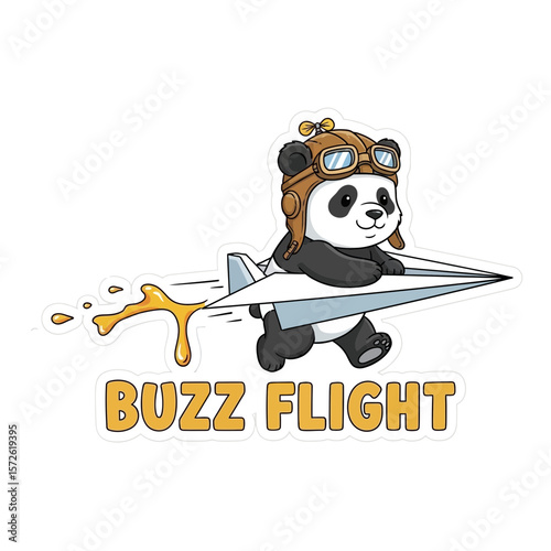 A cute panda pilot bravely flies a paper airplane, leaving a trail of golden fuel.