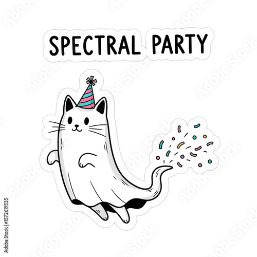 A cartoon cat dressed as a ghost, wearing a party hat, and releasing colorful confetti, for a spectral party.
