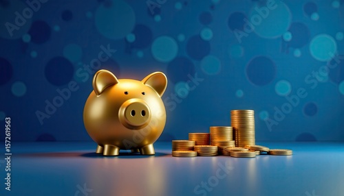 Shiny Gold Piggy Bank Surrounded by Stacked Coins on Blue Background