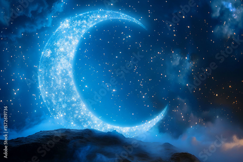 Glowing crescent moon made of sparkling lights hovers above a dark, misty landscape under a starry, deep blue night sky for fantasy backdrop