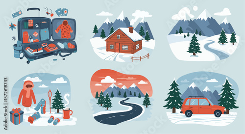 Winter village scene – cozy houses with snow-covered roofs and pine trees.