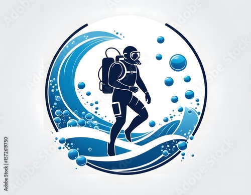 Scuba Diver Silhouette with Air Bubbles in Blue Ocean Circle Logo. perfect for diving schools, underwater adventure companies