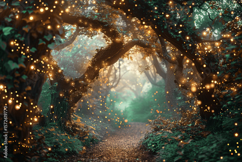Magical forest path illuminated by glowing lights hanging from ancient trees, creating an enchanting, mystical atmosphere in fairy tale