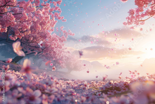 Serene landscape of cherry blossom trees in full bloom with petals gracefully falling, set against a soft pastel sky and distant mountains with movement of petals