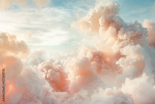Fluffy coral pink and white clouds fill the sky, illuminated by soft sunlight under a blue and pastel colored sky as a born in heaven
