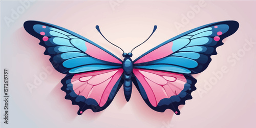 Colorful butterfly with spread wings isolated on white and blue backgrounds, a beautiful summer insect
