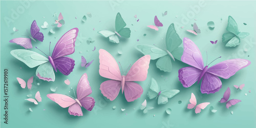 Pink and white spring flowers blossom, a seamless pattern of nature's colorful beauty with delicate butterflies