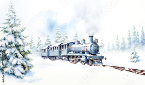 Vintage steam train travels through a snowy winter landscape with snow covered trees and mountains in the background for greeting seasonal card
