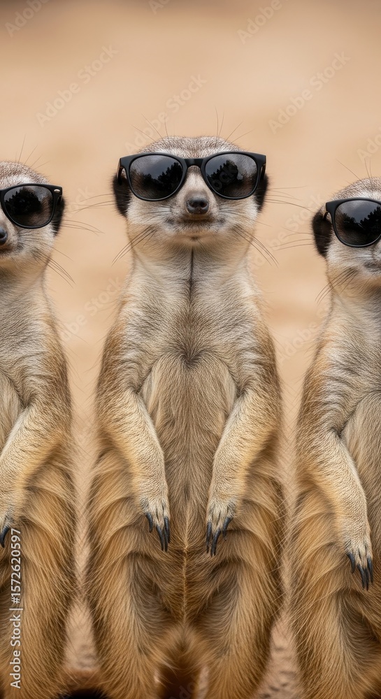 Fototapeta premium Three Meerkats Standing Upright Wearing Black Sunglasses with Beige Background