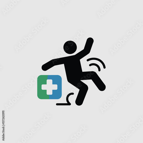 Minimalist Icon Depicting a Person Falling Near a Teal and Green First Aid Box with a White Cross Symbol Illustrating a Medical Emergency or Accident Prevention Concept