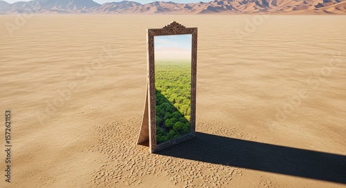 Mirror in desert reflecting green forest – surreal contrast