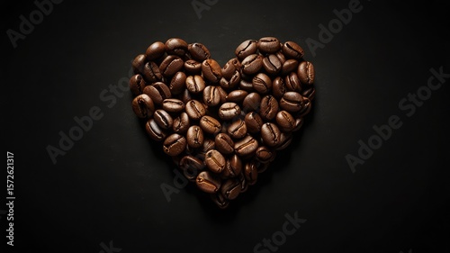 Coffee beans arranged in a heart shape against a dark background, symbolizing love for coffee.