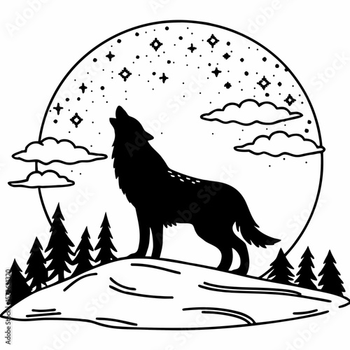 Howling Wolf Silhouette Under Starry Night – Nature Scene Vector Art