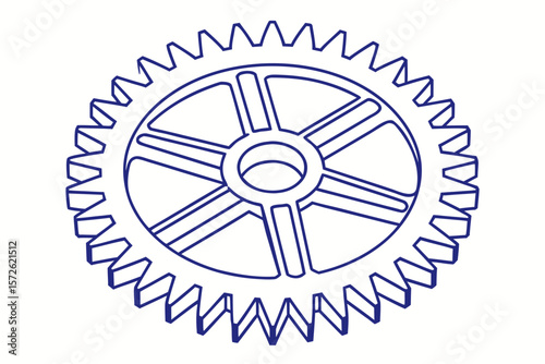 Detailed Blue Gear Wheel Outline on White Background