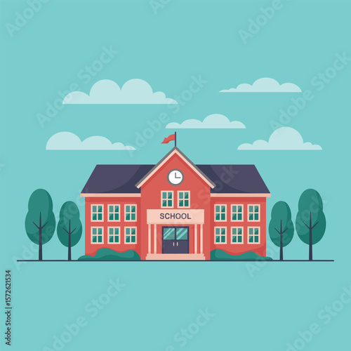 Classic red school building with trees and clouds under a teal sky